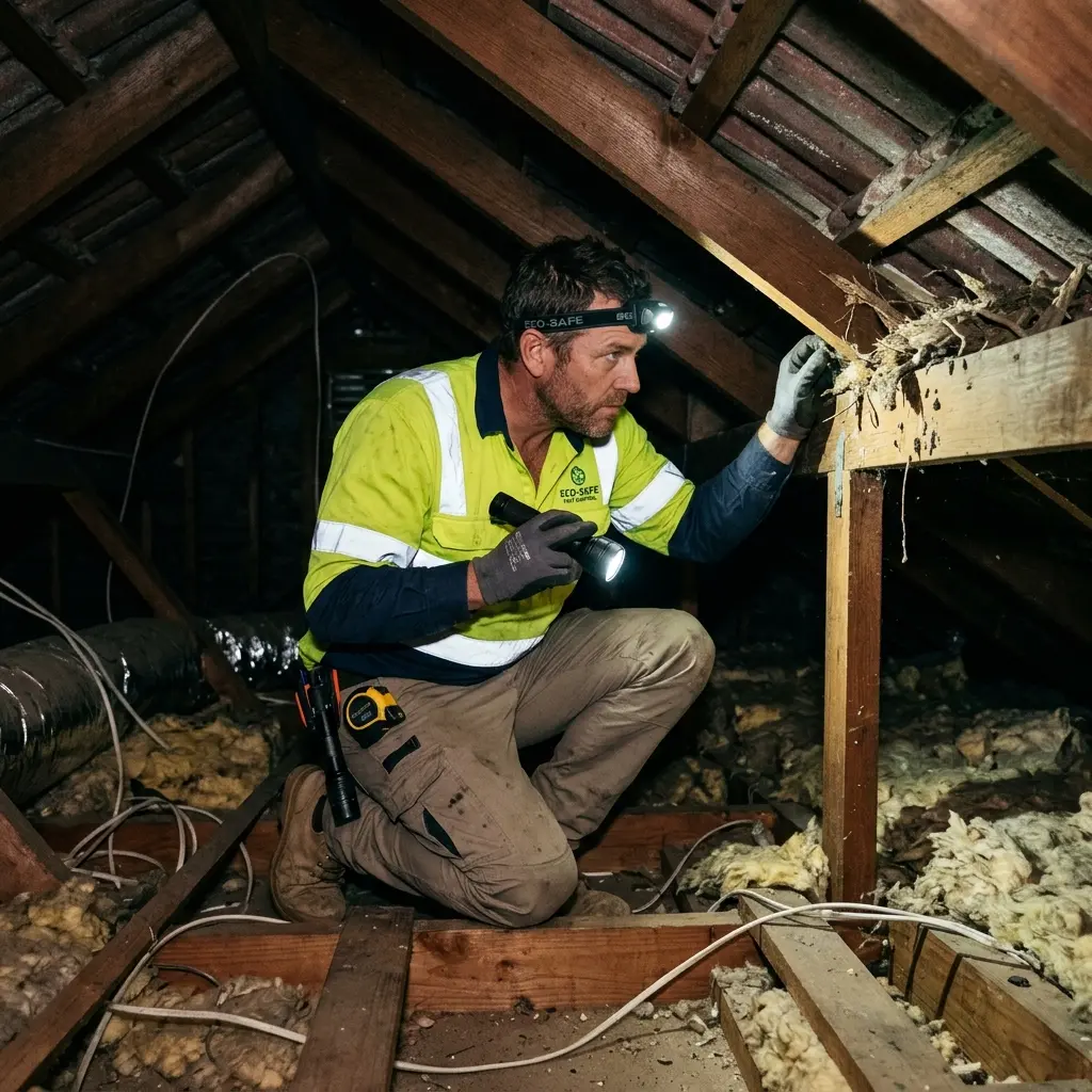 Technician inspecting a roof cavity for a dead animal in Kilsyth